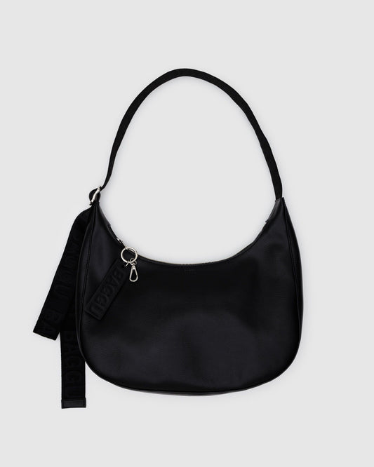 Medium Recycled Leather Crescent Bag Black | Baggu New