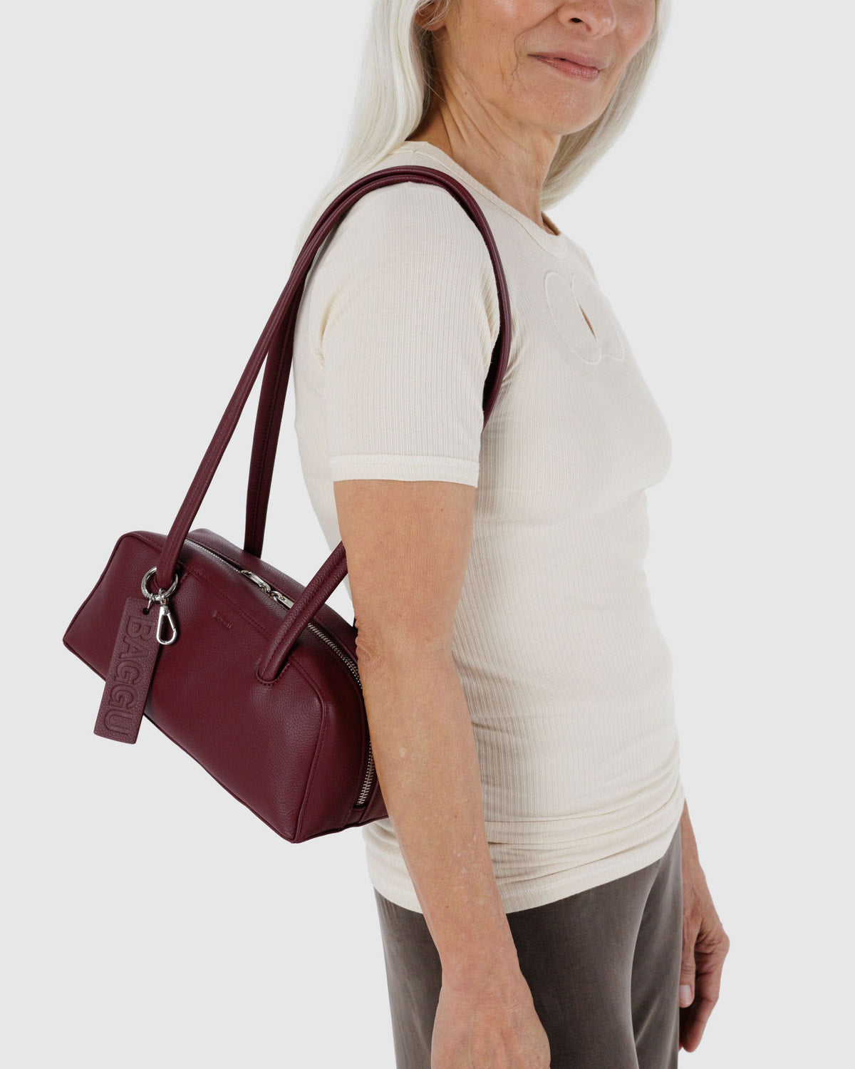 Small Recycled Leather Bowler Bag Mahogany | Baggu Premium