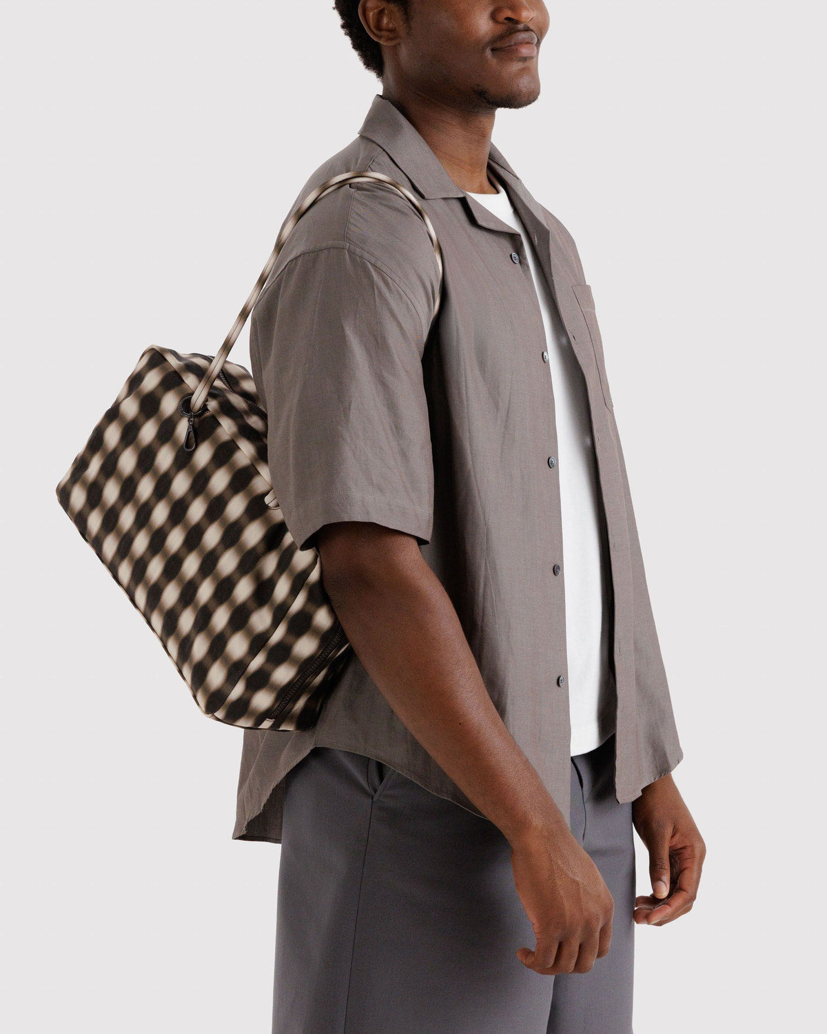 Medium Nylon Bowler Bag Blurred Gingham Brown | Baggu Latest