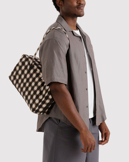 Medium Nylon Bowler Bag Blurred Gingham Brown | Baggu Latest