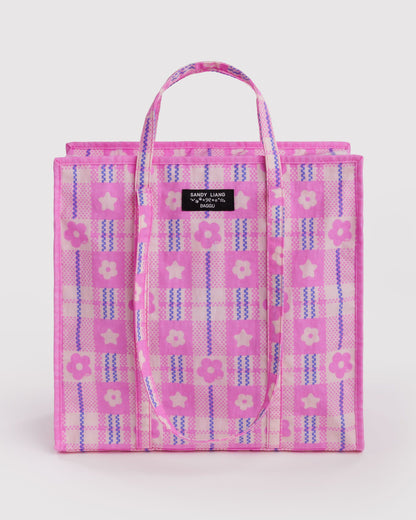 Large Nylon Market Bag Market Plaid Pink | Baggu Classic
