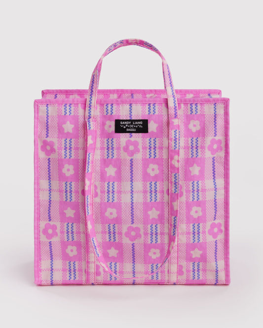 Large Nylon Market Bag Market Plaid Pink | Baggu Classic