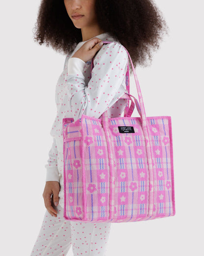 Large Nylon Market Bag Market Plaid Pink | Baggu Classic