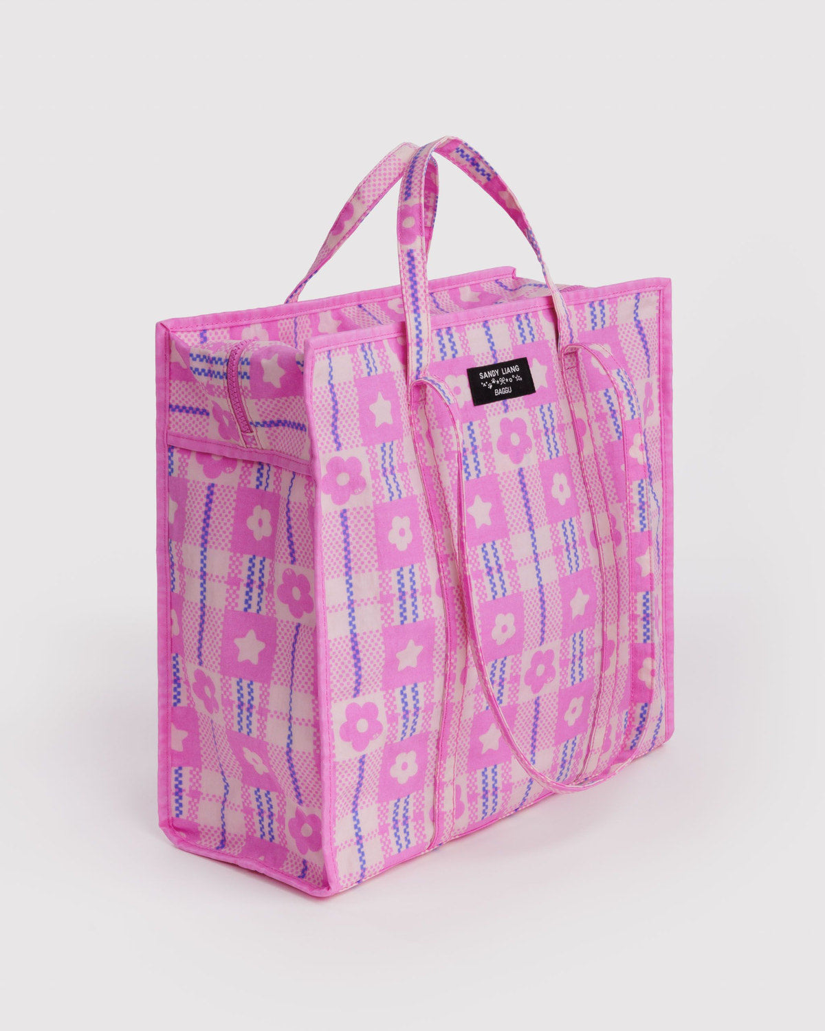 Large Nylon Market Bag Market Plaid Pink | Baggu Classic